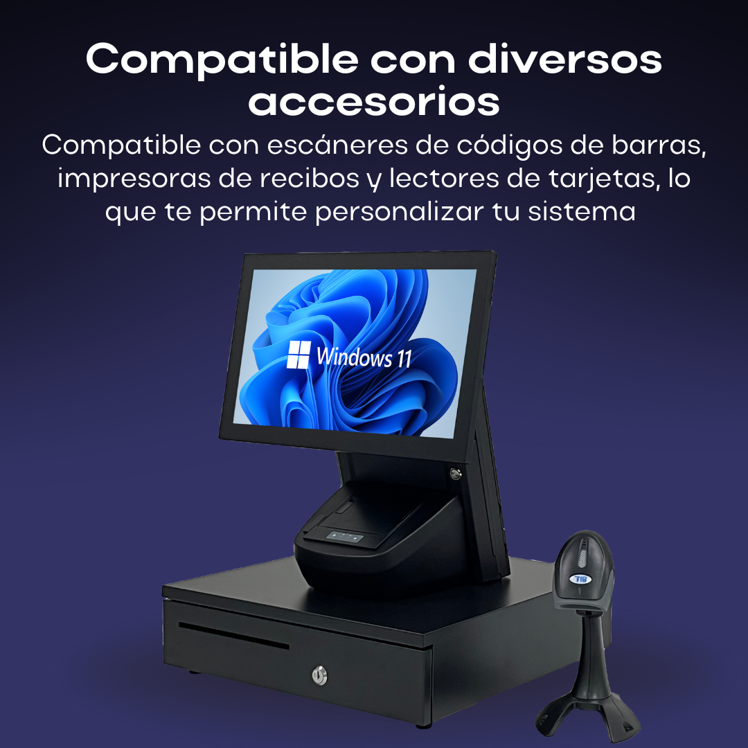 All-in-one Point of Sale with 15.6''' Touchscreen. Windows 11 Operating System and an i5 processor with 58mm thermal receipt printer, WIFI, 4GB of RAM and 64GB of ROM.