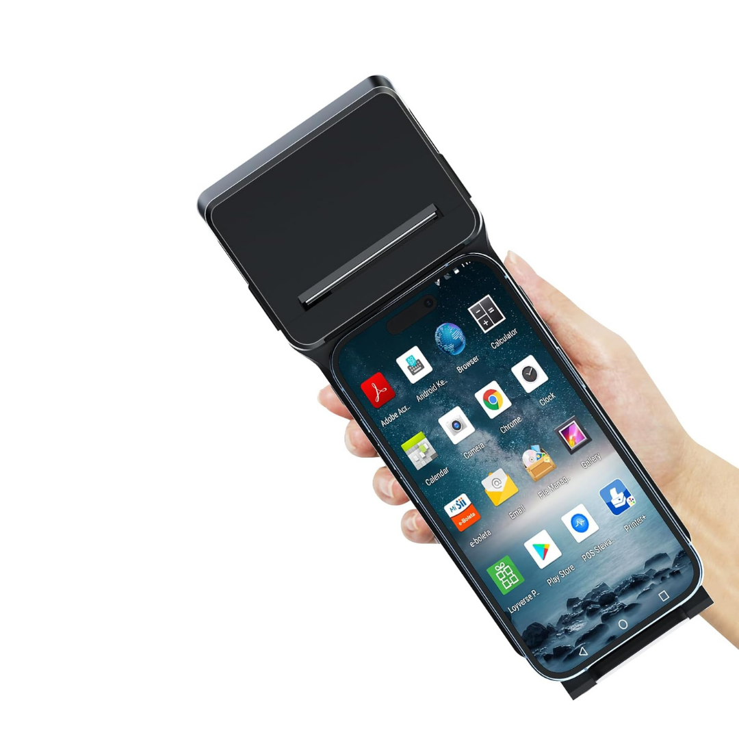 Modelo de mano sosteniendo el Punto de Venta Impresora Térmica Portátil XP-P1 y Escáner de Códigos de Barras 1D/2D