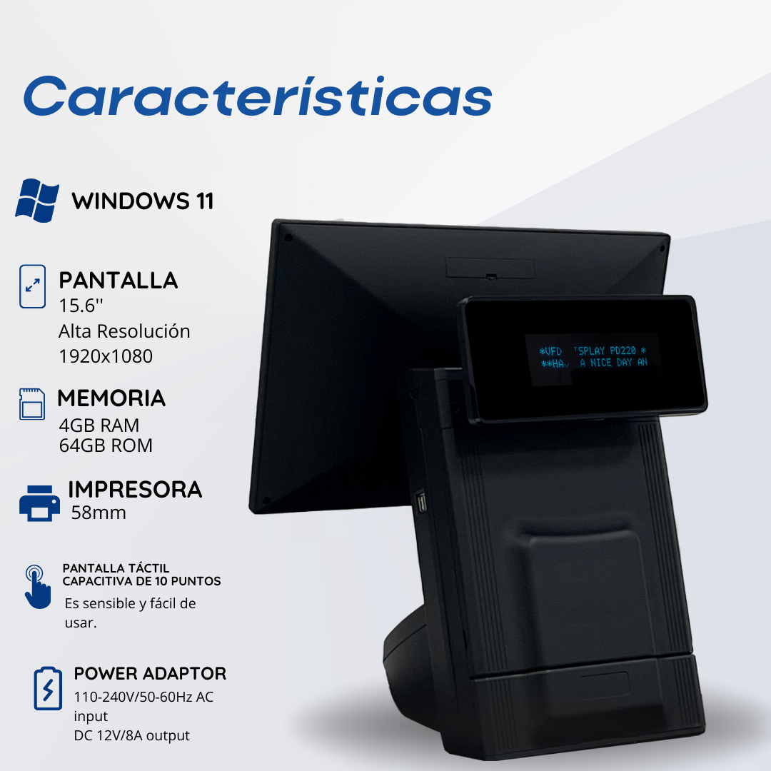 All-in-one Point of Sale with 15.6''' Touchscreen. Windows 11 Operating System and an i5 processor with 58mm thermal receipt printer, WIFI, 4GB of RAM and 64GB of ROM.