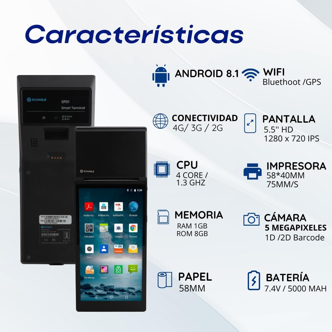 Punto de Venta Terminal Inalámbrico Scangle SP01 con Android 8.1 e Impresora de Recibos 58mm, Pantalla Touch 5.5” y Lector de Códigos 1D/2D/QR.