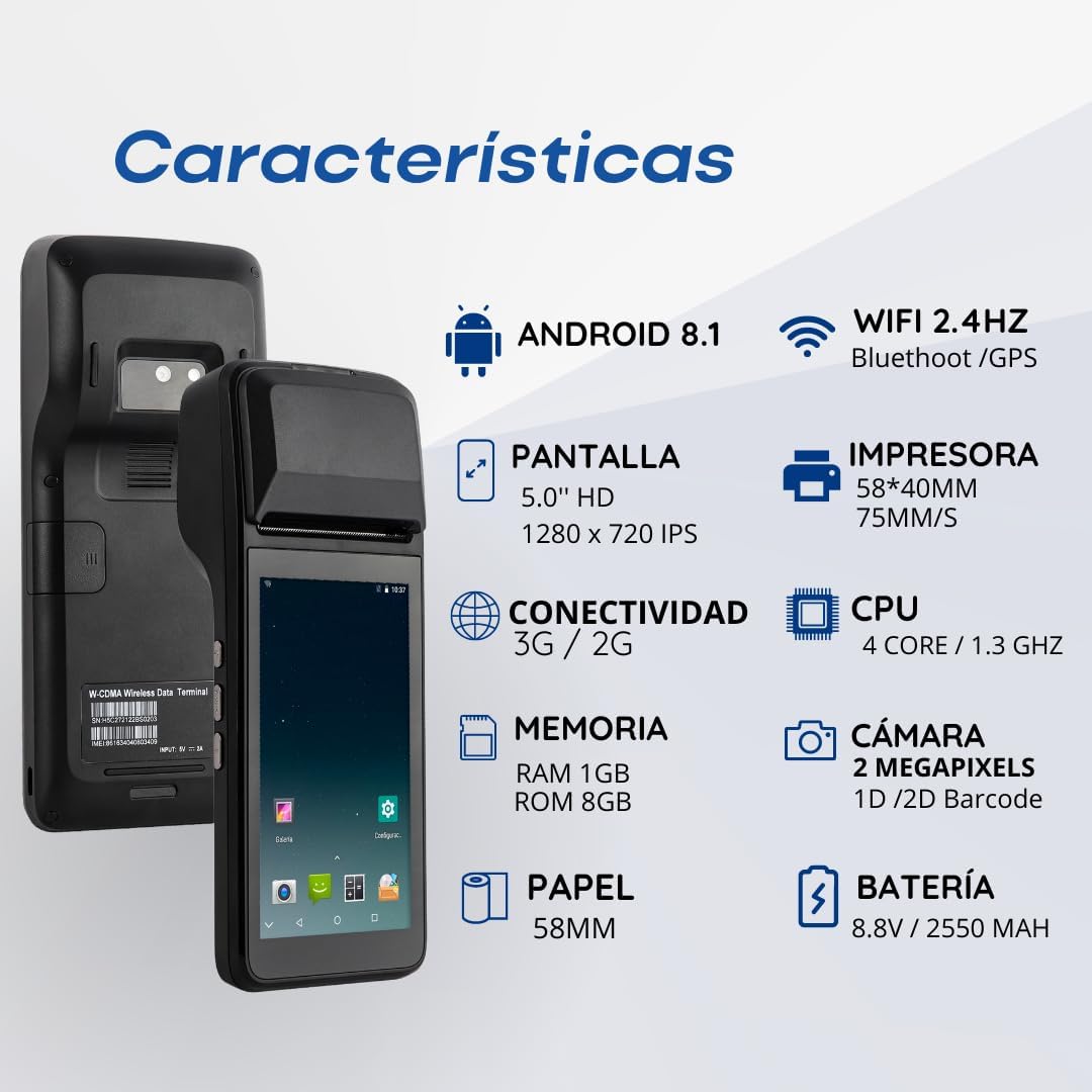 Punto de Venta PDA H5 con Android 8.1 con Impresora Térmica de Alta Velocidad para Recibos de 58mm y Pantalla Táctil de 5.0''. Escanea códigos de Barra 1D/2D/QR. Soporte para 3G y 2G. 1GB Ram + 8GB ROM.