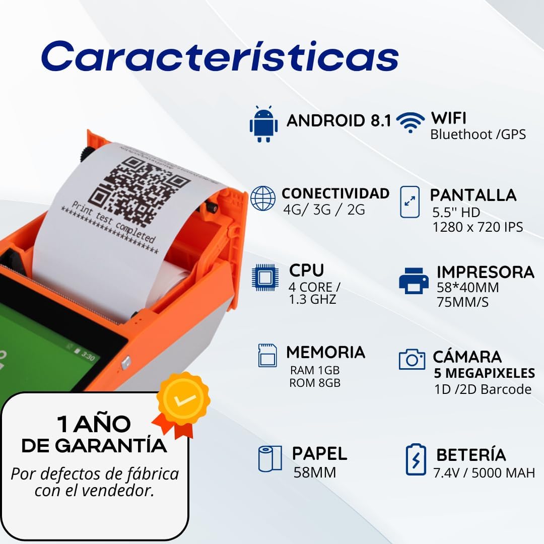Punto de Venta Terminal Inalámbrico Scangle SP01 con Android 8.1 e Impresora de Recibos 58mm, Pantalla Touch 5.5” y Lector de Códigos 1D/2D/QR.