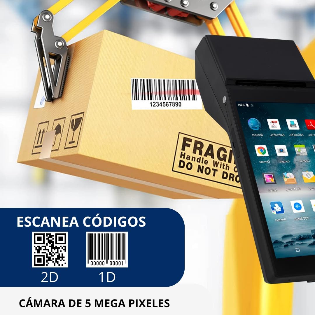 Punto de Venta Terminal Inalámbrico Scangle SP01 con Android 8.1 e Impresora de Recibos 58mm, Pantalla Touch 5.5” y Lector de Códigos 1D/2D/QR.