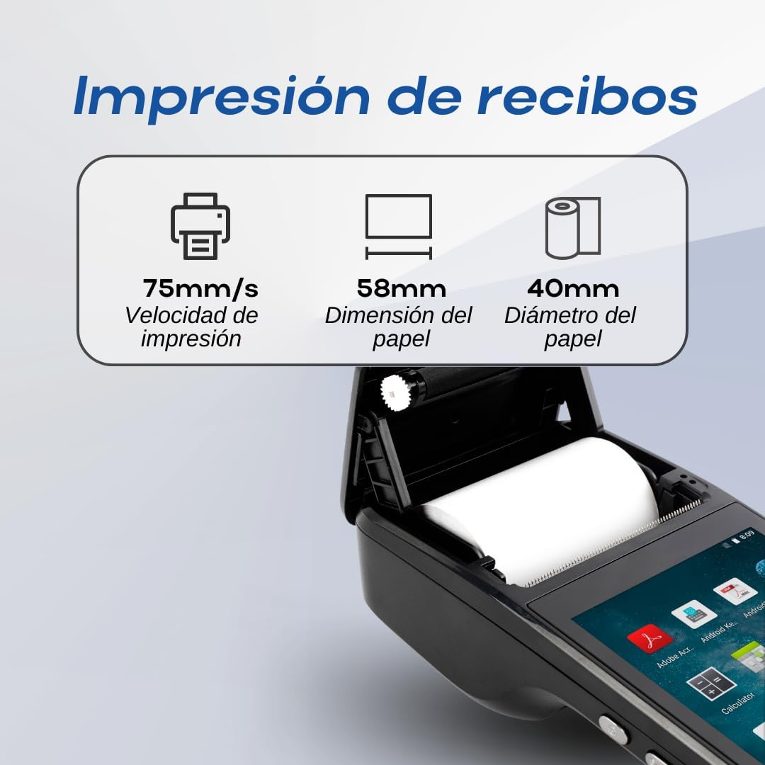Punto de Venta PDA H5 con Android 8.1 con Impresora Térmica de Alta Velocidad para Recibos de 58mm y Pantalla Táctil de 5.0''. Escanea códigos de Barra 1D/2D/QR. Soporte para 3G y 2G. 1GB Ram + 8GB ROM.
