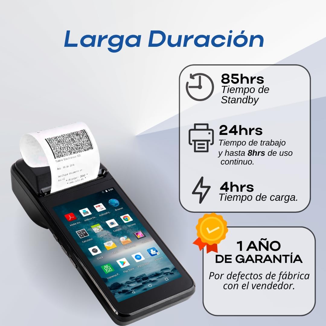 Punto de Venta PDA H5 con Android 8.1 con Impresora Térmica de Alta Velocidad para Recibos de 58mm y Pantalla Táctil de 5.0''. Escanea códigos de Barra 1D/2D/QR. Soporte para 3G y 2G. 1GB Ram + 8GB ROM.